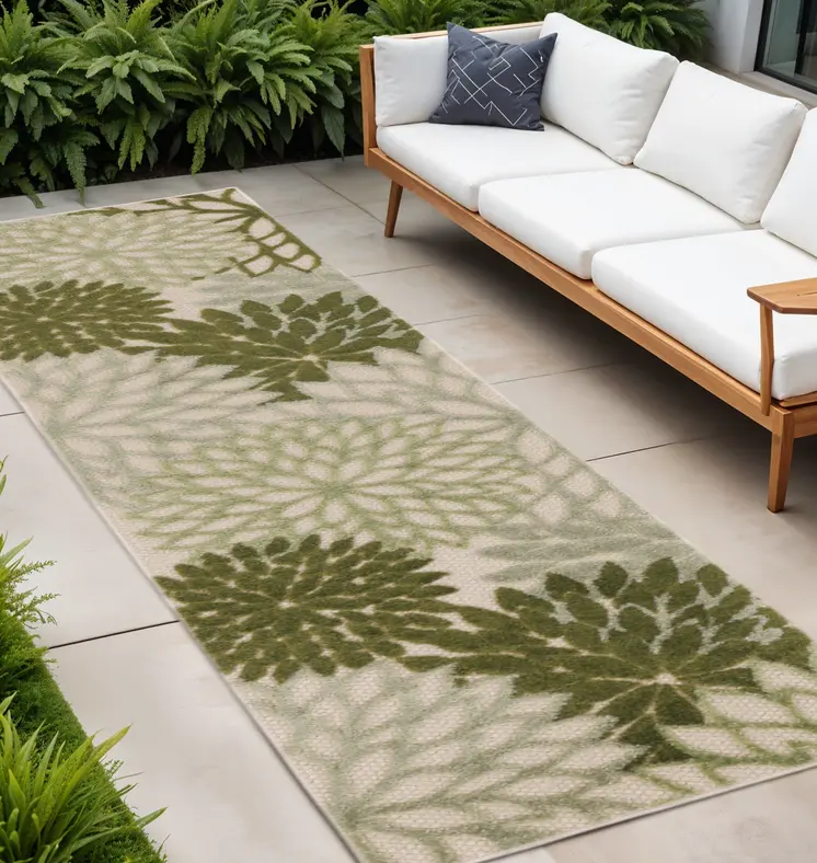 8' Ivory Green And Dark Green Floral Indoor Outdoor Runner Rug