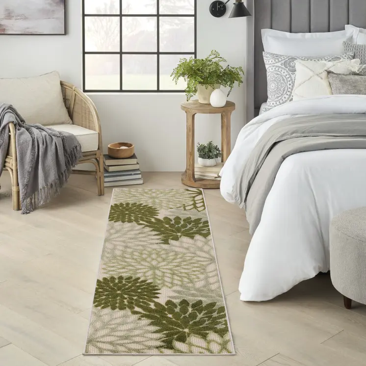8' Ivory Green And Dark Green Floral Indoor Outdoor Runner Rug