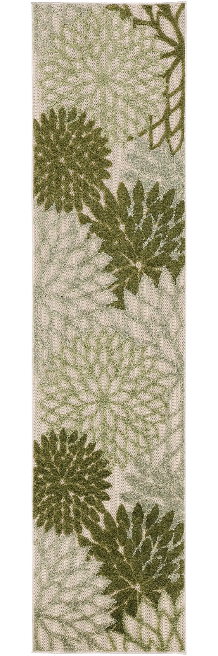 8' Ivory Green And Dark Green Floral Indoor Outdoor Runner Rug