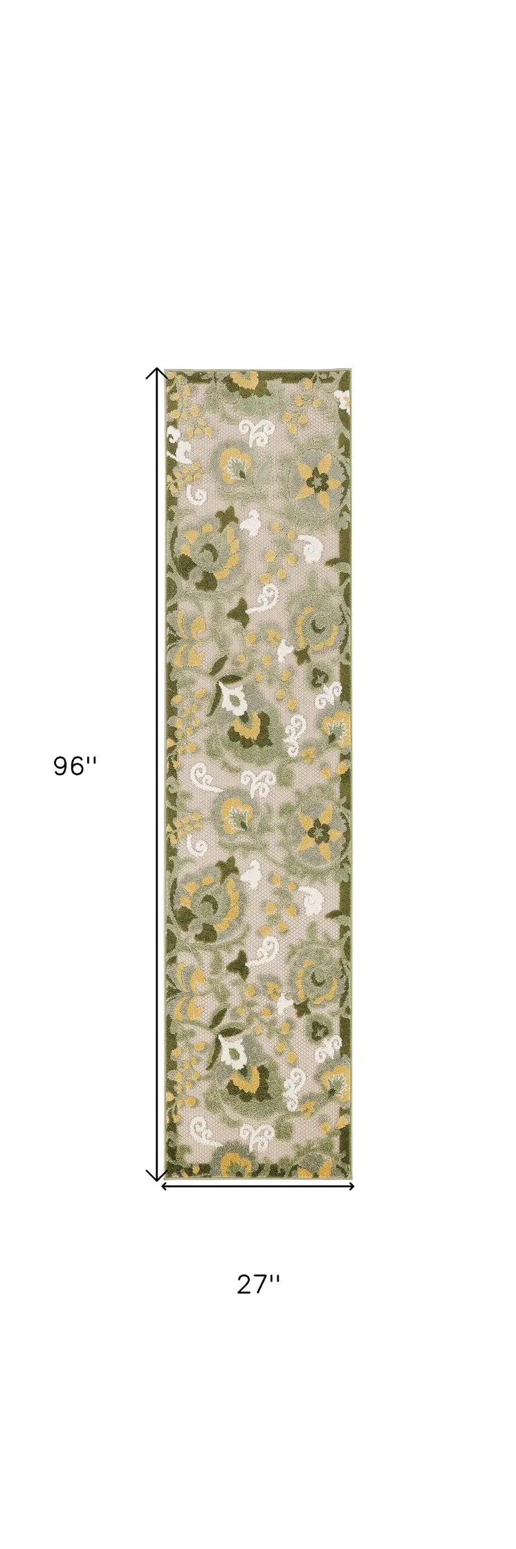 8' Ivory Dark Green And Yellow Floral Indoor Outdoor Runner Rug