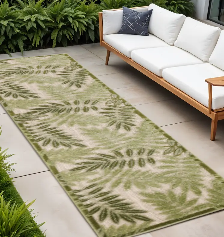 8' Ivory And Green Palm Leaf Indoor Outdoor Runner Rug