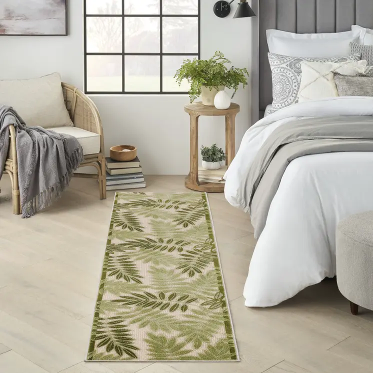 8' Ivory And Green Palm Leaf Indoor Outdoor Runner Rug