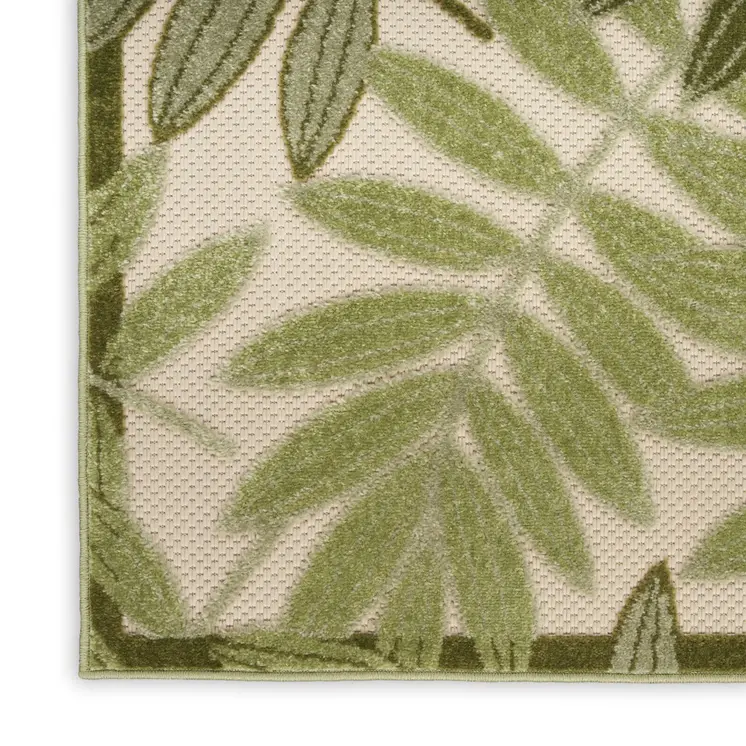 8' Ivory And Green Palm Leaf Indoor Outdoor Runner Rug