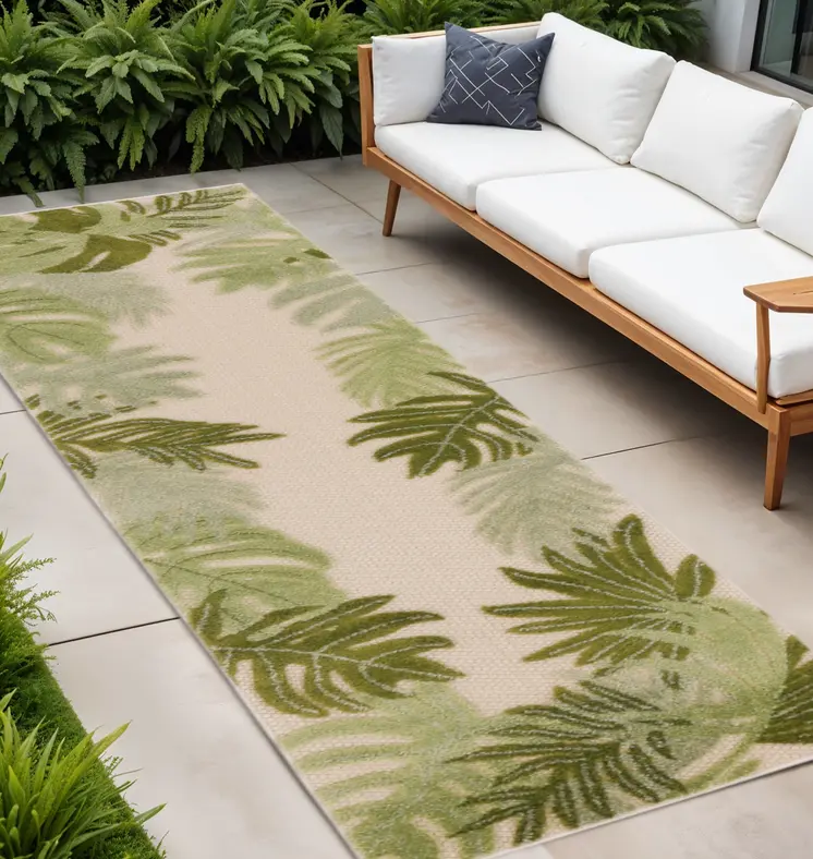 8' Ivory And Green Palm Leaf Indoor Outdoor Runner Rug