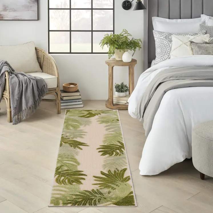 8' Ivory And Green Palm Leaf Indoor Outdoor Runner Rug