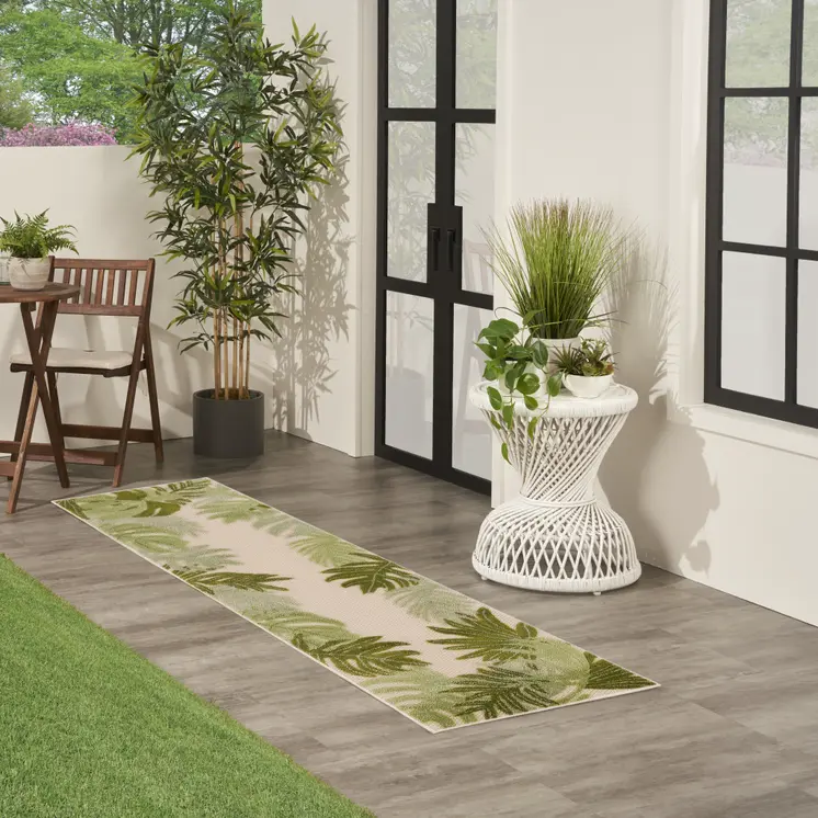 8' Ivory And Green Palm Leaf Indoor Outdoor Runner Rug