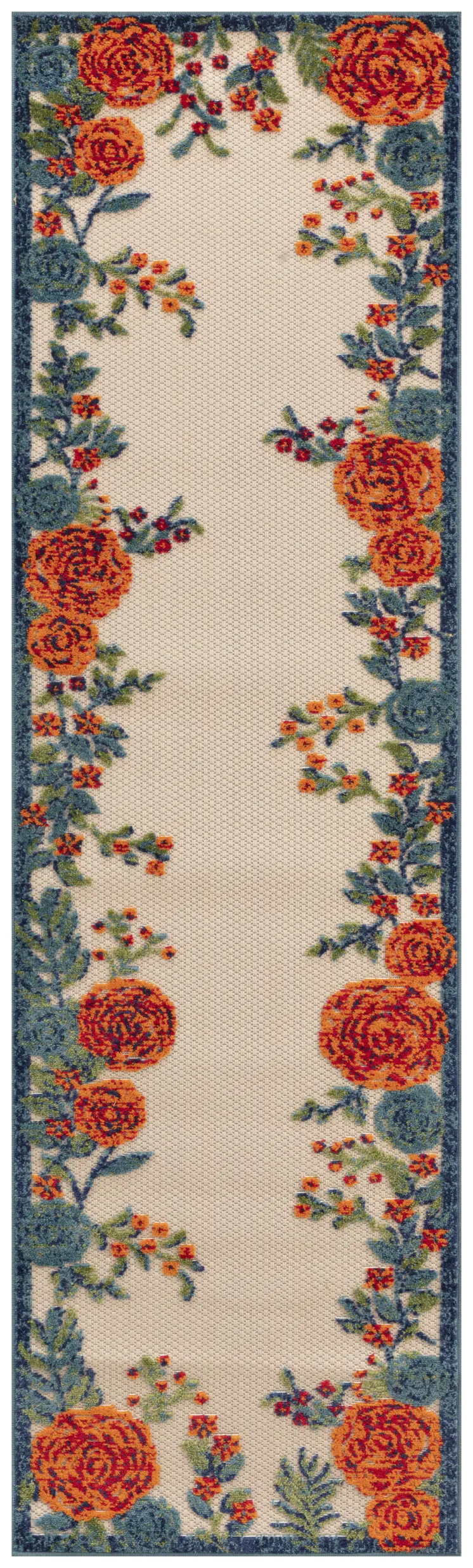 8' Ivory Orange And Blue Floral Indoor Outdoor Runner Rug