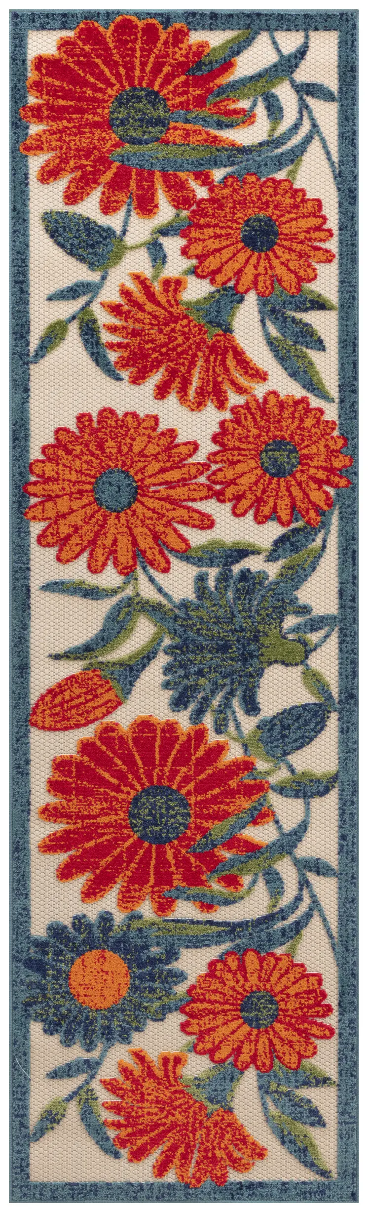 8' Ivory Orange Blue And Green Floral Indoor Outdoor Runner Rug