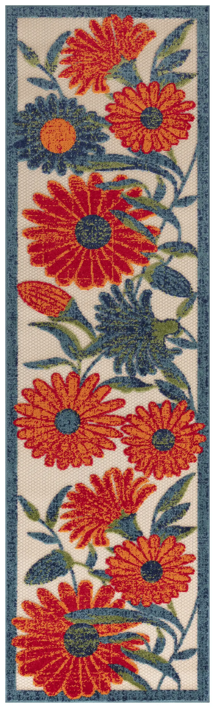 8' Ivory Orange Blue And Green Floral Indoor Outdoor Runner Rug