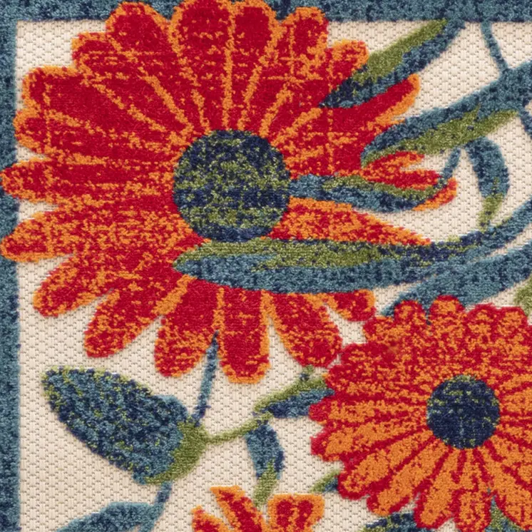 8' Ivory Orange Blue And Green Floral Indoor Outdoor Runner Rug