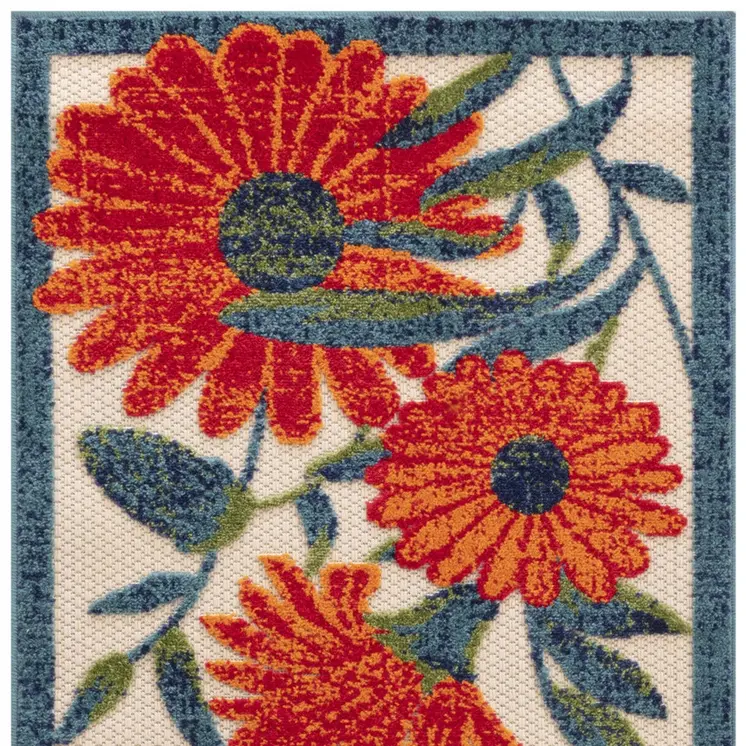 8' Ivory Orange Blue And Green Floral Indoor Outdoor Runner Rug
