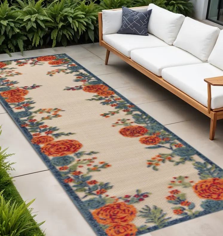 8' Ivory Orange Blue And Green Floral Indoor Outdoor Runner Rug