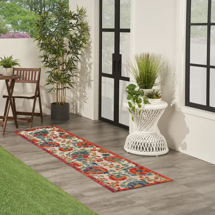 8' Ivory Orange Blue And Green Floral Indoor Outdoor Runner Rug