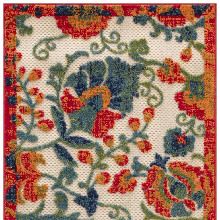 8' Ivory Orange Blue And Green Floral Indoor Outdoor Runner Rug