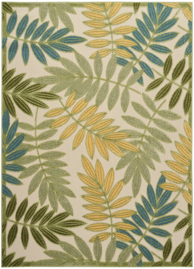 5' X 8' Green Yellow And Blue Palm Leaf Indoor Outdoor Area Rug