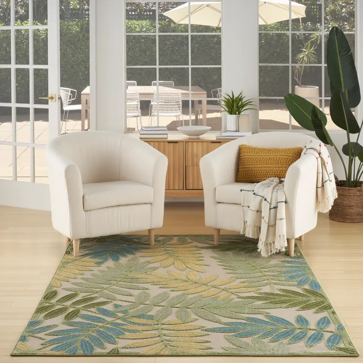 5' X 8' Green Yellow And Blue Palm Leaf Indoor Outdoor Area Rug