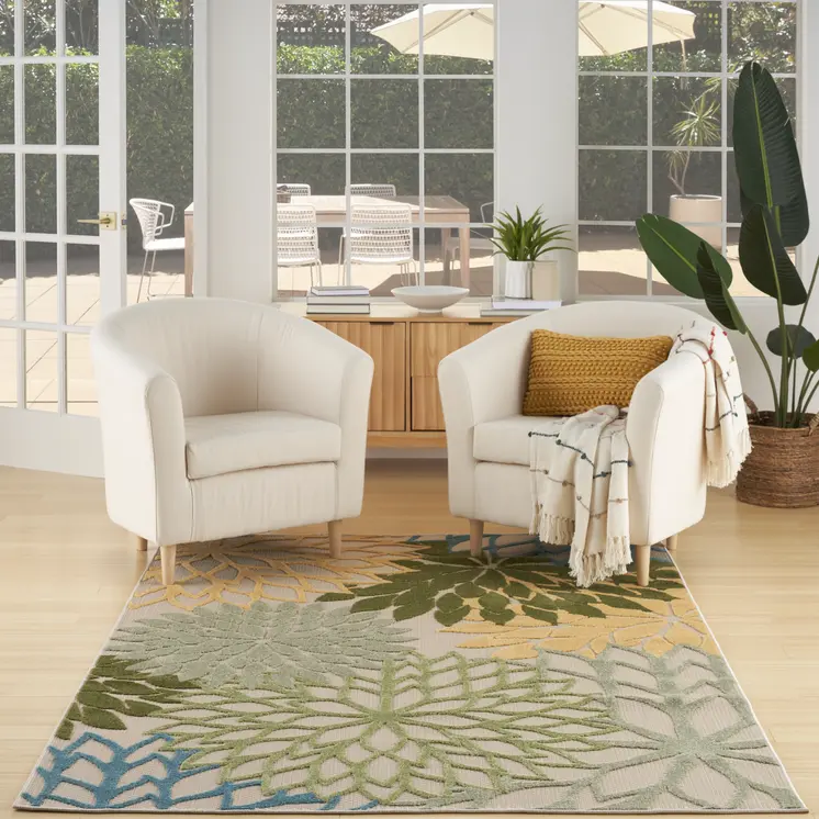 5' X 8' Green Yellow And Blue Floral Indoor Outdoor Area Rug