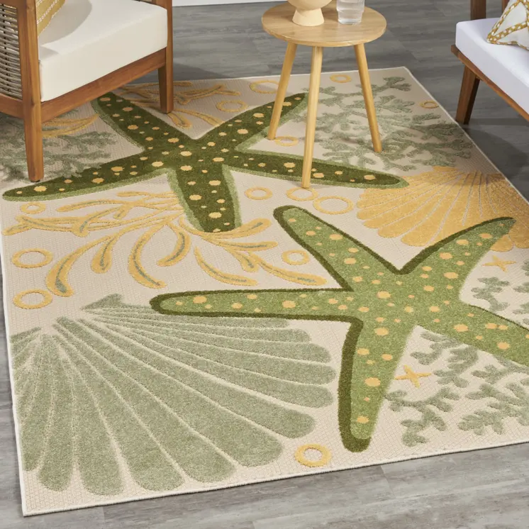 5' X 8' Green Yellow And Blue Starfish Indoor Outdoor Area Rug