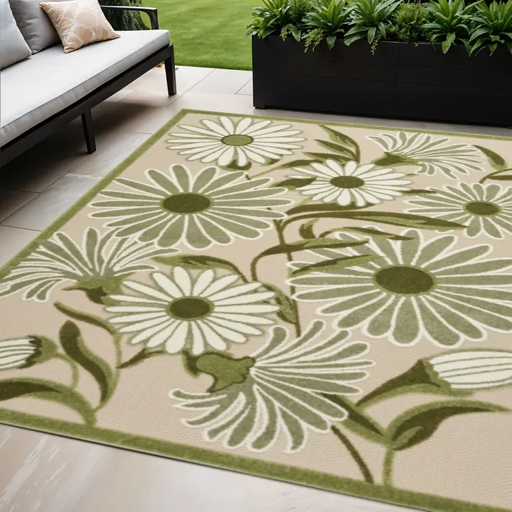 5' X 8' Ivory And Green Floral Indoor Outdoor Area Rug