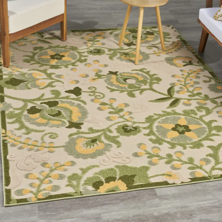 5' X 8' Ivory Green And Yellow Floral Indoor Outdoor Area Rug