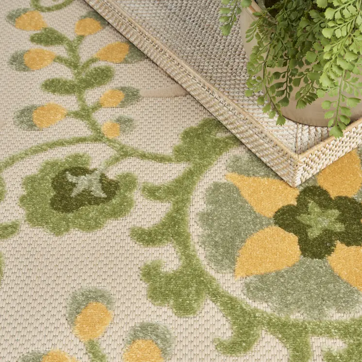 5' X 8' Ivory Green And Yellow Floral Indoor Outdoor Area Rug
