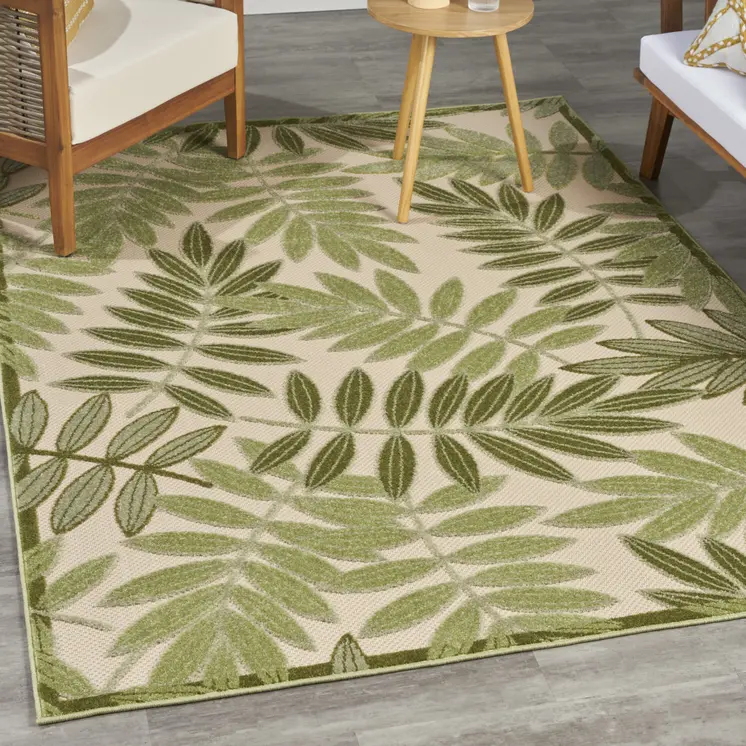 5' X 8' Ivory And Green Palm Leaf Indoor Outdoor Area Rug
