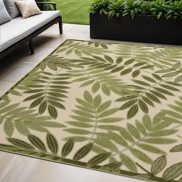 5' X 8' Ivory And Green Palm Leaf Indoor Outdoor Area Rug