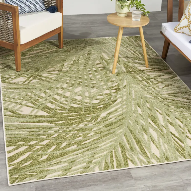 5' X 8' Ivory And Green Palm Leaf Indoor Outdoor Area Rug