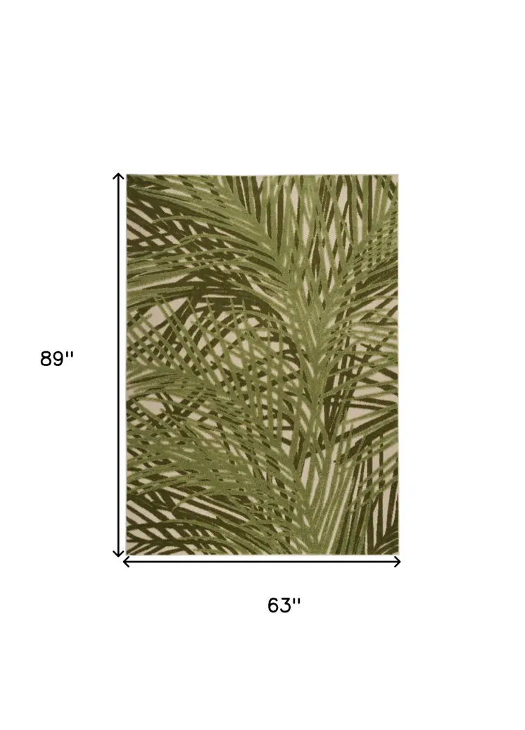 5' X 8' Ivory And Green Palm Leaf Indoor Outdoor Area Rug