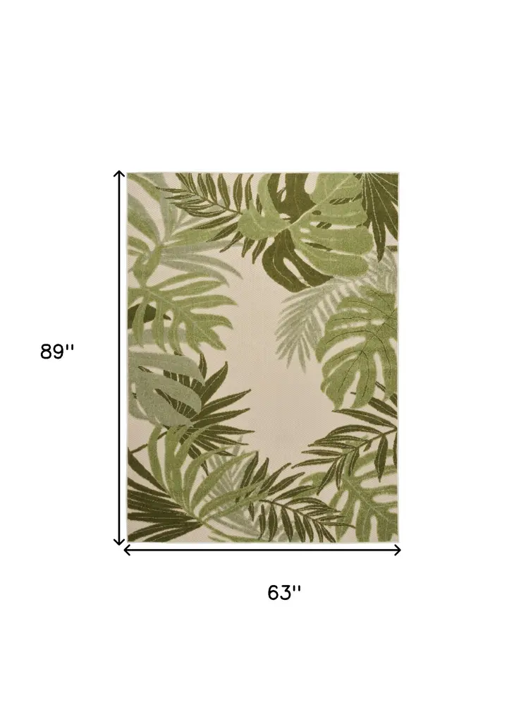 5' X 8' Ivory And Green Palm Leaf Indoor Outdoor Area Rug