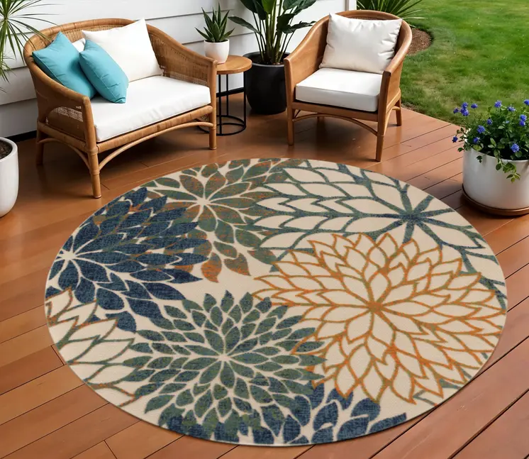 8' Blue Green And Orange Round Floral Indoor Outdoor Area Rug