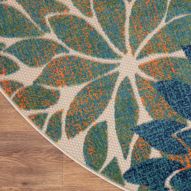 8' Blue Green And Orange Round Floral Indoor Outdoor Area Rug