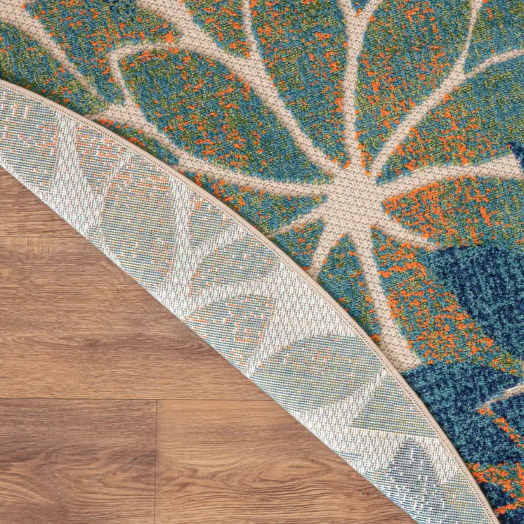 8' Blue Green And Orange Round Floral Indoor Outdoor Area Rug