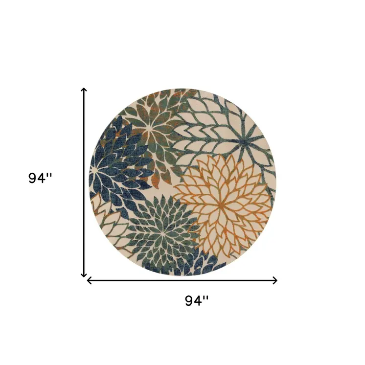 8' Blue Green And Orange Round Floral Indoor Outdoor Area Rug