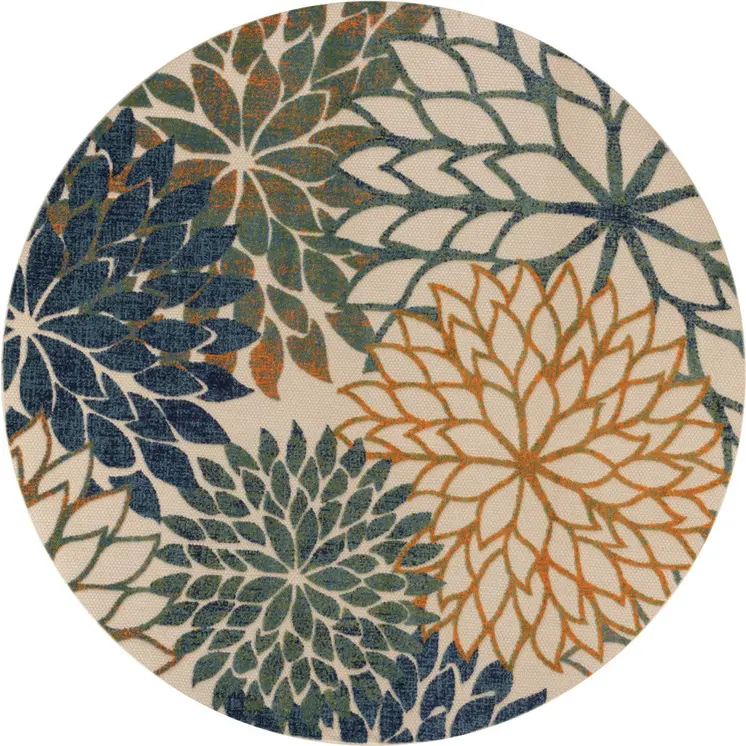 8' Blue Green And Orange Round Floral Indoor Outdoor Area Rug