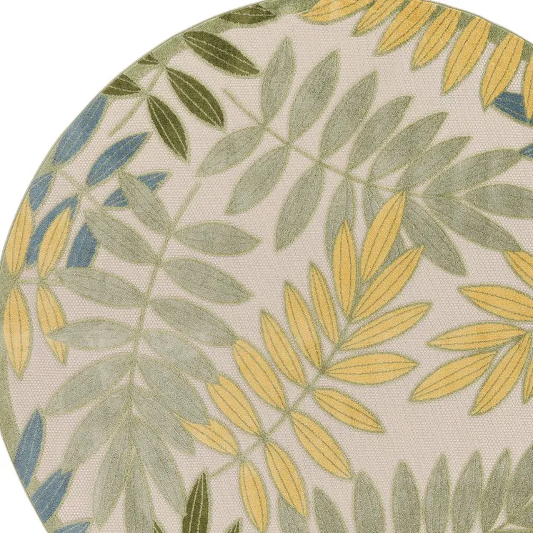 8' Green Yellow And Blue Round Palm Leaf Indoor Outdoor Area Rug