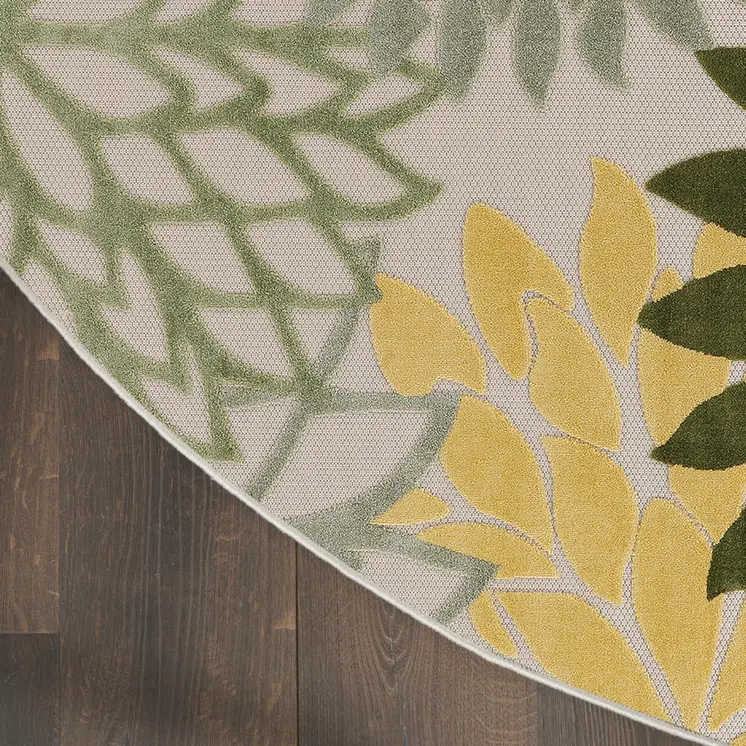 8' Ivory Green And Yellow Round Floral Indoor Outdoor Area Rug