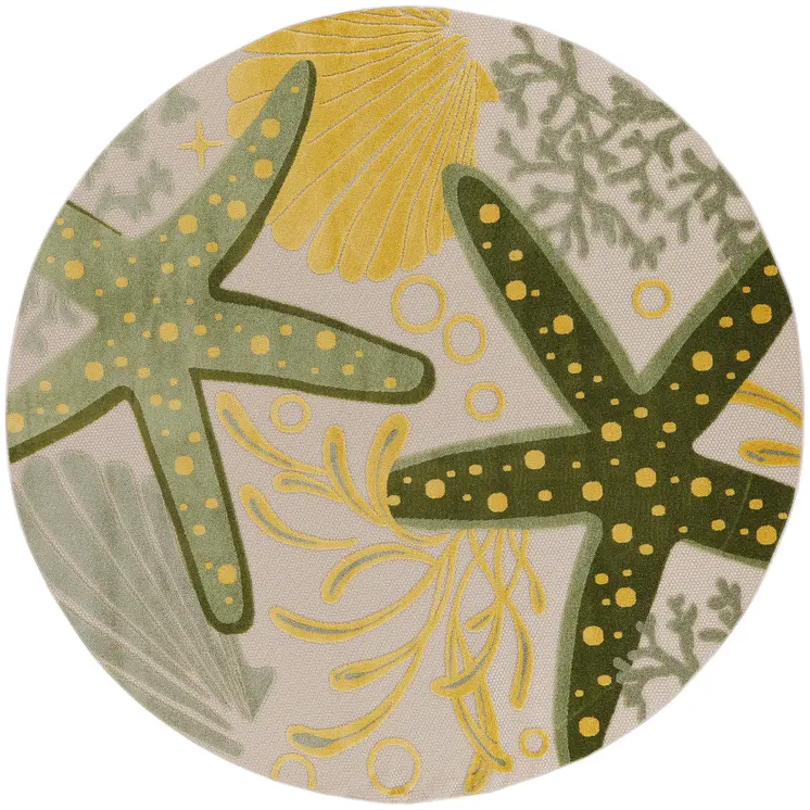 8' Ivory Green And Yellow Round Starfish Indoor Outdoor Area Rug