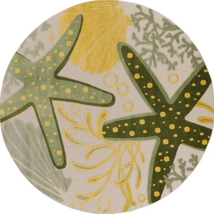 8' Ivory Green And Yellow Round Starfish Indoor Outdoor Area Rug