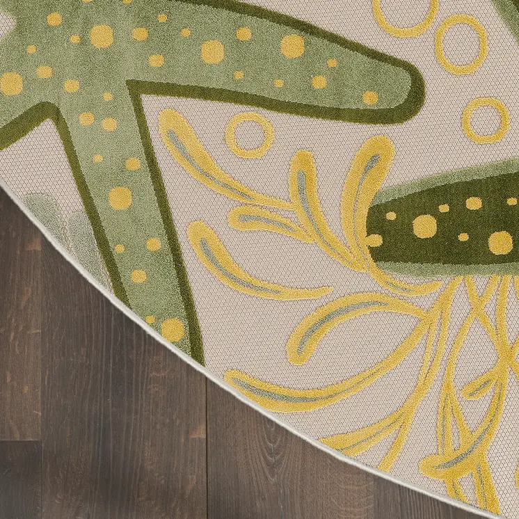 8' Ivory Green And Yellow Round Starfish Indoor Outdoor Area Rug