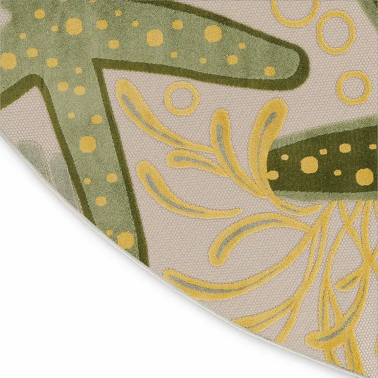 8' Ivory Green And Yellow Round Starfish Indoor Outdoor Area Rug