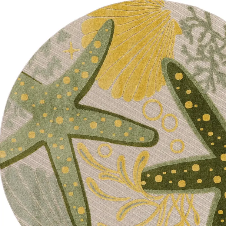 8' Ivory Green And Yellow Round Starfish Indoor Outdoor Area Rug
