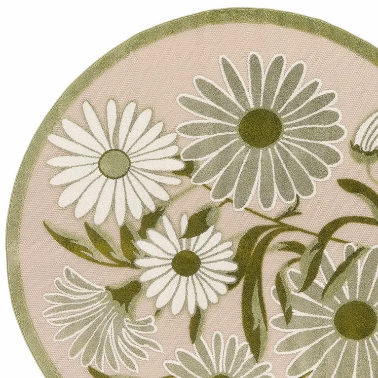 8' Ivory And Green Round Floral Indoor Outdoor Area Rug