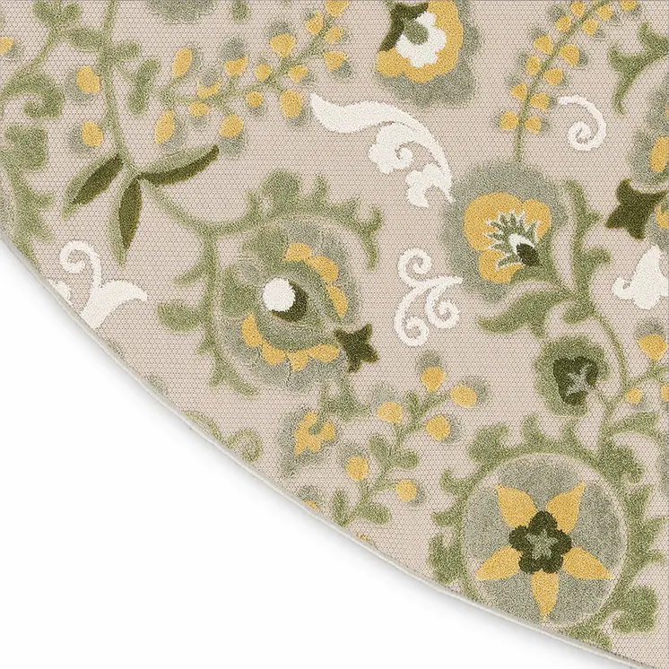 8' Ivory Green And Yellow Round Floral Indoor Outdoor Area Rug