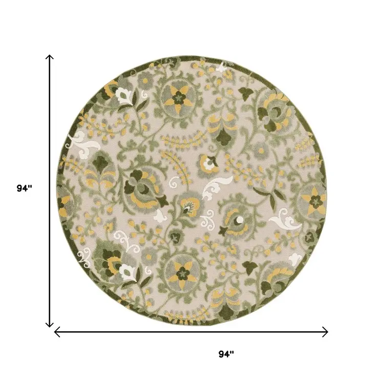 8' Ivory Green And Yellow Round Floral Indoor Outdoor Area Rug