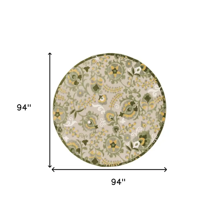 8' Ivory Green And Yellow Round Floral Indoor Outdoor Area Rug