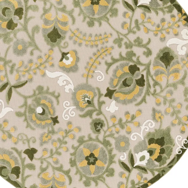 8' Ivory Green And Yellow Round Floral Indoor Outdoor Area Rug