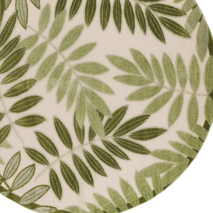 8' Ivory And Green Round Palm Leaf Indoor Outdoor Area Rug