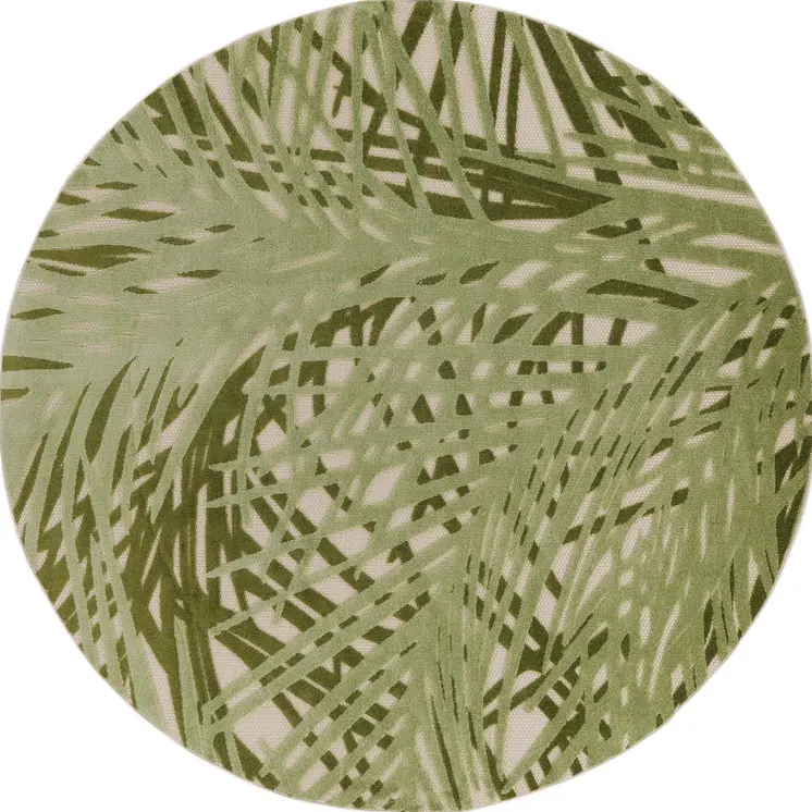 8' Ivory And Green Round Palm Leaf Indoor Outdoor Area Rug