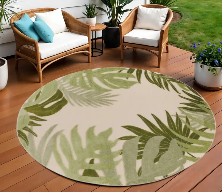 8' Ivory And Green Round Palm Leaf Indoor Outdoor Area Rug